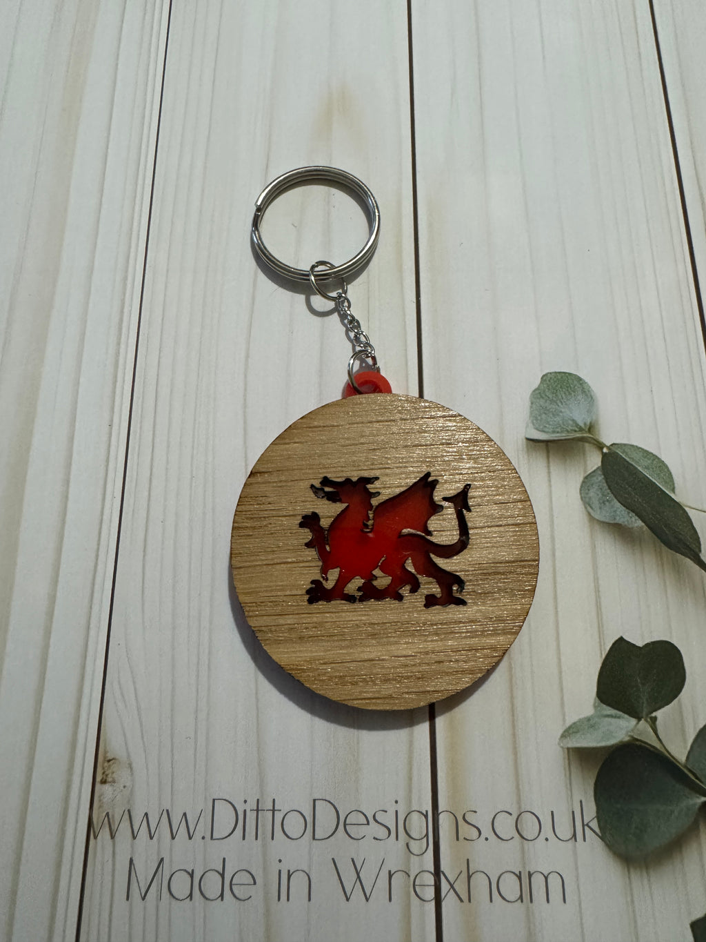 Welsh Oak Veneer & Red Acrylic Keyring